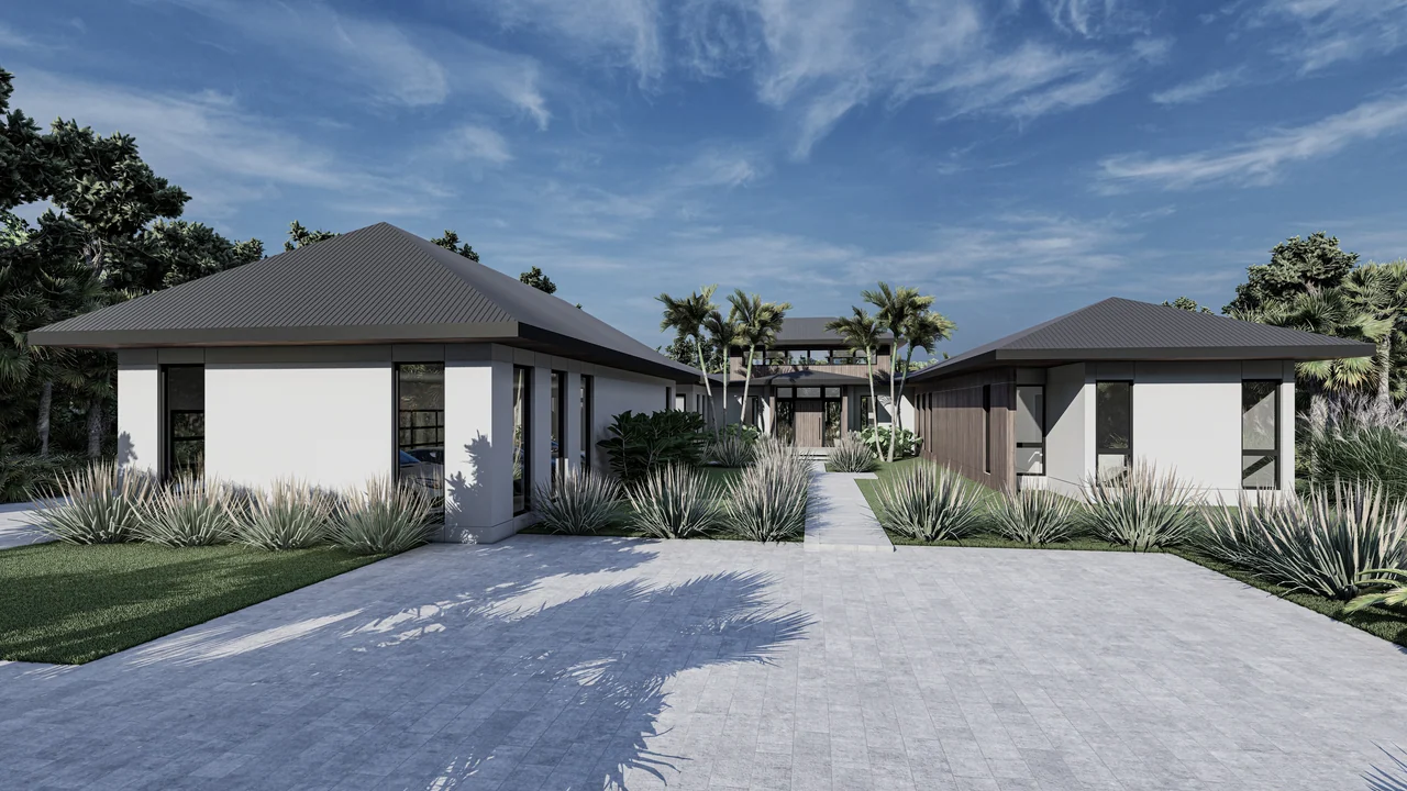 Cypress design rendering: arrival court and low pavilions framing the entry