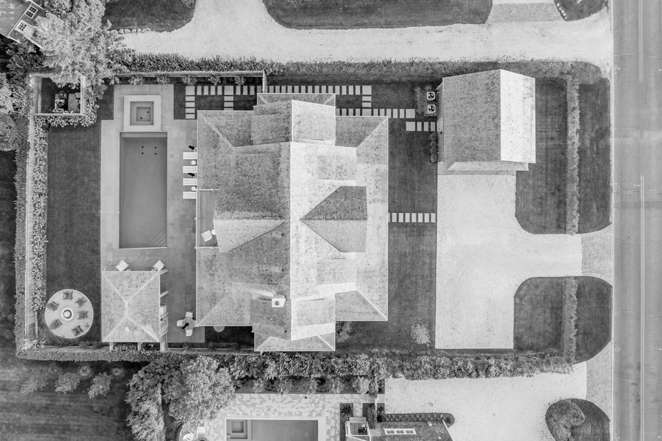 Aerial view of the house, pool and garden at Sankaty