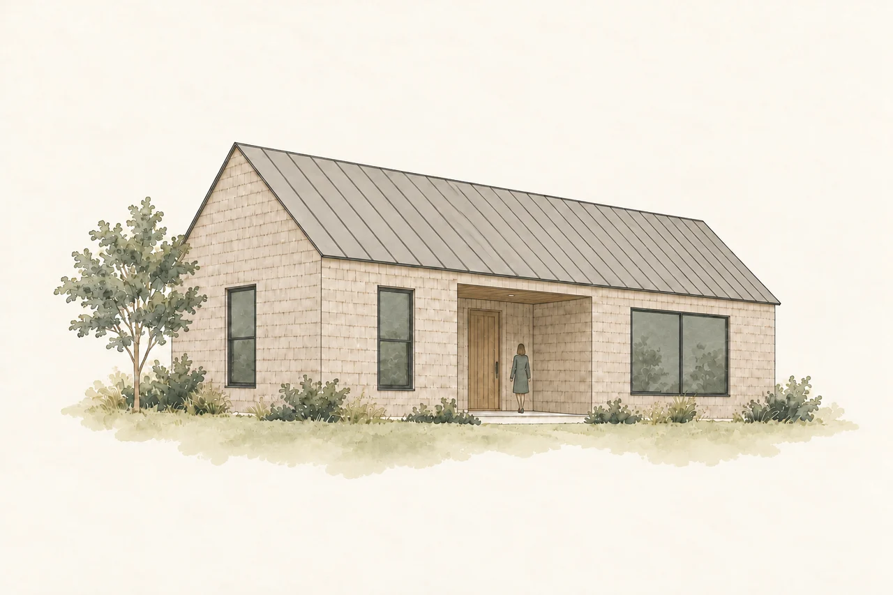 Ink-and-wash illustration of a simple cedar-clad building with a metal gabled roof and recessed entry.