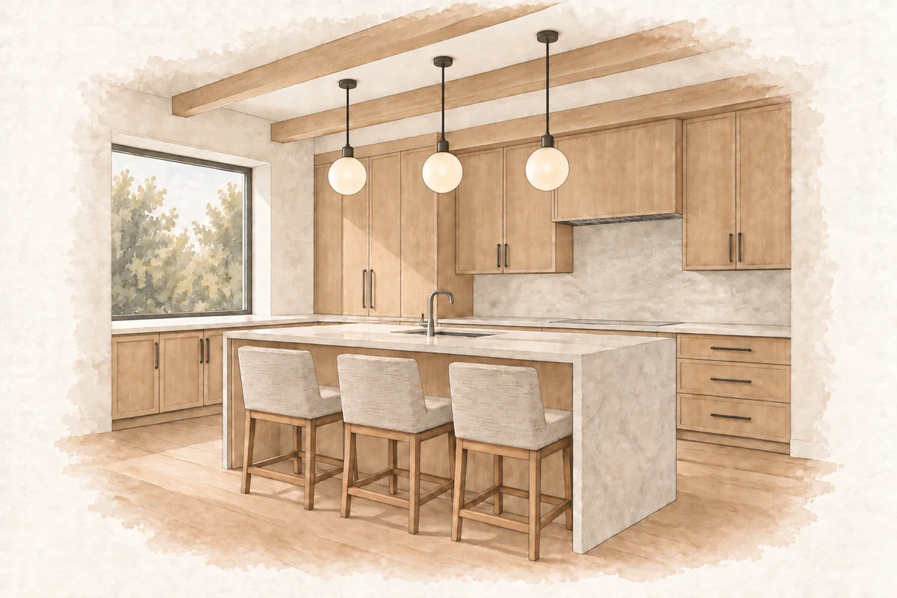 Ink-and-wash kitchen illustration with oak cabinetry and beams, a stone island, three stools, and globe pendants.