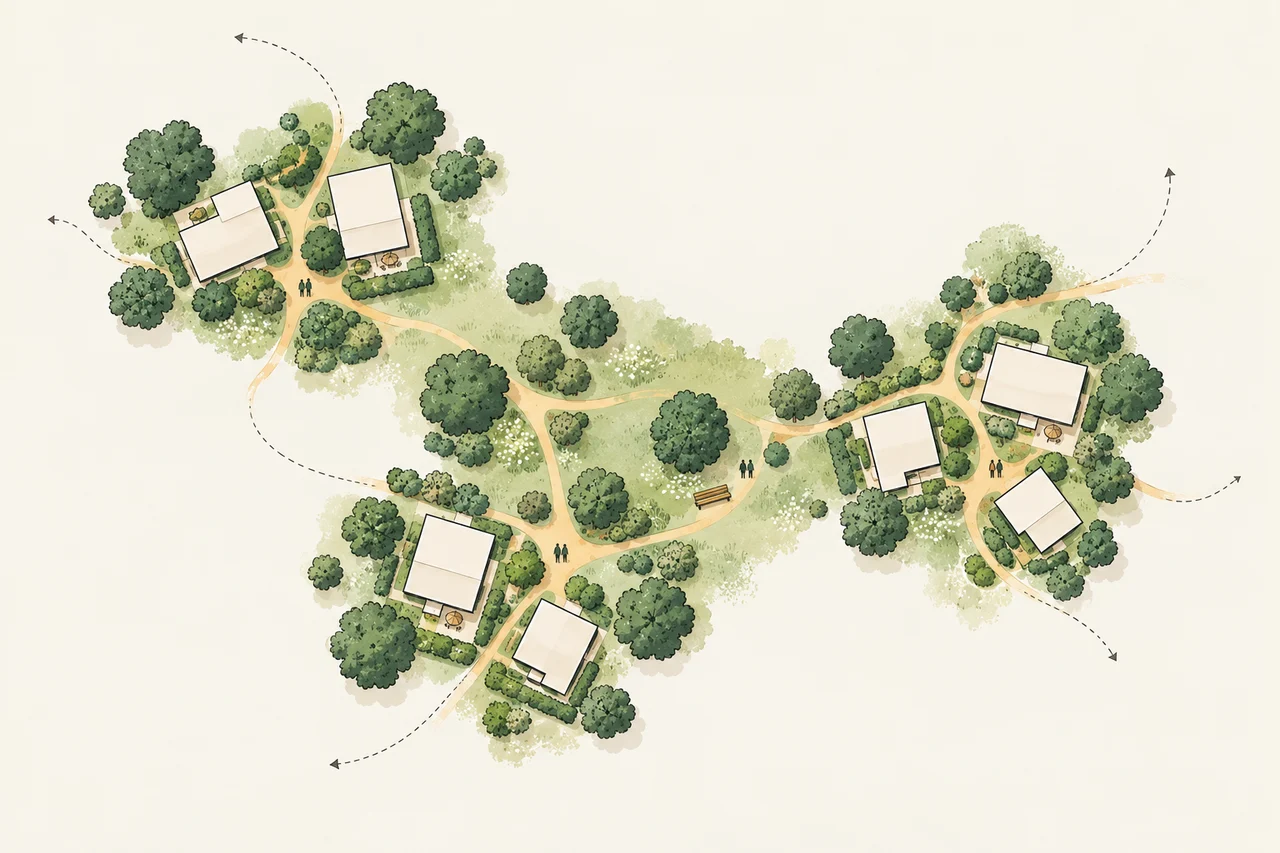 Ink-and-wash illustration of small building groups connected by paths and shared green spaces.